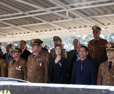 São José dos Pinhais, 09 de agosto de 2019. Solenidade alusiva ao Aniversário da PMPR. Foto: Cel QOBM Samuel Prestes, Comadante do Corpo de Bombeiros, Cel. QOPM Ronaldo de Abreu, Comandante da APMG, Cel QOPM Péricles de Matos, Comandante-Geral da PMPR, Coronel Rômulo Marinho Soares, Secretário de Segurança e Cel QOPM Lanes Randal Prates Marques, Chefe do Estado-Maior da PMPR. 