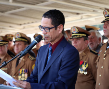 São José dos Pinhais, 09 de agosto de 2019. Solenidade alusiva ao Aniversário da PMPR. Foto: Secretário de Segurança Pública, Coronel Rômulo Marinho Soares. 