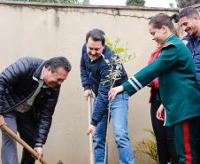 O governador Carlos Massa Ratinho Junior participou nesta segunda-feira (23), do plantio de árvores no Colégio Estadual Professora Maria Gai Grendel, no bairro Caximba, em Curitiba. O evento marcará o início do programa Paraná mais Verde, que vai incentivar o plantio de mudas de árvores nativas em todo o Estado. 
