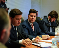 Prefeitos, empresários e deputados que representam municípios das regiões Sudoeste e Oeste participaram nesta segunda-feira (23) de reunião com o chefe da Casa Civil, Guto Silva, e o secretário de Infraestrutura e Logística, Sandro Alex, para tratar da reativação do aeroporto de Cruzeiro do Iguaçu. Foto: Divulgação/Casa Civil
