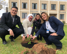A Escola Estadual Dom Pedro II, na área rural de Campo Largo, na Região Metropolitana de Curitiba, ficará mais arborizada. Na segunda-feira (23), pelo Programa Paraná Mais Verde, de arborização rural e urbana, o controlador-geral do Estado, Raul Siqueira, e a chefe do Núcleo Regional de Educação da Área Metropolitana Sul, Chayane Callegalim Rocha, plantaram uma árvore na instituição de ensino. Foto:Divulgação/CGE