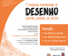 Encerra na próxima segunda-feira, 4 de novembro, o prazo de envio de material para 1º Concurso Paranaense de Desenho promovido pelo Centro Juvenil de Artes, da Secretaria de Estado da Comunicação Social e da Cultura. Voltada para crianças e adolescentes de 8 a 17 anos, essa primeira edição propõe como tema Heranças culturais do Paraná. O regulamento completo está disponível no site http://www.cjap.seec.pr.gov.br.Foto: Kraw Penas/SEEC