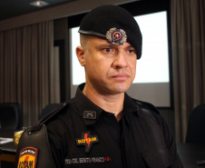Curitiba, 05 de novembro de 2019. Aula Inaugural do Curso de Rondas Ostencivas de Natureza Especial. Foto: Ten Cel Bento Franco, Comandante do Batalhão ROTAM da Polícia Militar do Estado de Goiás. 