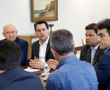 O governador Carlos Massa Ratinho Junior conheceu nesta segunda-feira (09) o projeto de construção do Aeroporto Regional do Sudoeste. Prefeitos, empresários e representantes da região apresentaram, em reunião no Palácio Iguaçu, detalhes do terminal que seria erguido em Renascença.Foto:Jaelson Lucas / AEN
