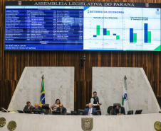 Em audiência pública, o secretário estadual da Fazenda, Renê de Oliveira Garcia Junior, apresenta nesta terça-feira (18),  no Plenário da Assembleia Legislativa, os dados relativos ao cumprimento das metas fiscais do 3º (terceiro) quadrimestre de 2019.  18/02/2020  -  Foto: Geraldo Bubniak/AEN