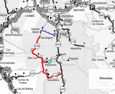 A PR-445 será interditada na quinta-feira (27), das 08h30 às 18h para detonação de rochas próximo ao quilômetro 54, perto de Irerê, distrito de Londrina, na região Norte do Estado. O bloqueio do trecho será total, entre o entroncamento com a PR-532 (próximo ao distrito) e o acesso à Estrada da Cegonha (próximo a Londrina).  -  Curitiba, 21/02/2020  -  Foto: Divulgação DER