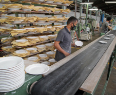  Uma das mais tradicionais indústrias da cidade é a Schimidt. A empresa, fundada em 1945, tem uma fábrica operando desde 1953 e hoje é uma das marcas de louças de mesa mais tradicionais do Brasil.. Foto: Ari Dias/AEN.