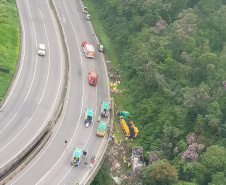O Corpo de Bombeiros e o Batalhão de Polícia Militar de Operações Aéreas (BPMOA) estão ajudando no atendimento do acidente com um ônibus de turismo que ocorreu na manhã desta segunda-feira (25) na BR-376, próximo à Curva da Santa, em Guaratuba, no Litoral do Paraná.Foto: BPMOA