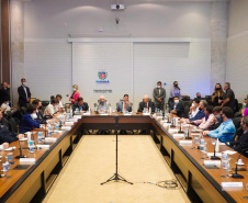 Deputados, prefeitos e lideranças do Sudoeste participaram de reunião sobre a revitalização da PRC-280 e a inclusão da rodovia no pacote de concessões do Governo Federal. O encontro contou com o vice-governador Darci Piana, o chefe da Casa Civil, Guto Silva; o secretário estadual de Infraestrutura e Logística, Sandro Alex, e o diretor-geral do DER-PR, Fernando Furiatti.  Foto: Guilherme Flores