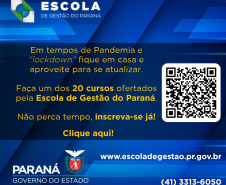 A Secretaria da Administração e da Previdência, por meio de sua Escola de Gestão do Paraná (EGP), abriu, excepcionalmente, a inscrição para 20 cursos de modo a possibilitar que os servidores que estão em teletrabalho possam se atualizar durante o período de lockdown.  - Curitiba, 18/03/2021  -  Foto/Arte: Divulgação Escola de Gestão
