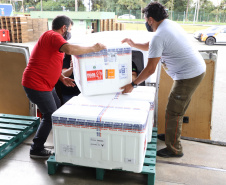 O Governo do Estado receu neste sábado (20),  mais 240.450 doses de vacinas contra o coronavírus. São 234.200 doses da Coronavac, produzida pela Sinovac e Instituto Butantan, e 6.250 do imunizante desenvolvido pela Universidade de Oxford/AstraZeneca, parte do primeiro lote fabricado pela Fundação Oswaldo Cruz (Fiocruz).  -  Curitiba, 20/03/2021  -  Foto: Ari Dias/AEN