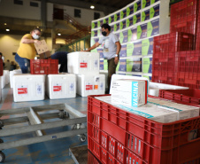 O Governo do Estado receu neste sábado (20),  mais 240.450 doses de vacinas contra o coronavírus. São 234.200 doses da Coronavac, produzida pela Sinovac e Instituto Butantan, e 6.250 do imunizante desenvolvido pela Universidade de Oxford/AstraZeneca, parte do primeiro lote fabricado pela Fundação Oswaldo Cruz (Fiocruz).  -  Curitiba, 20/03/2021  -  Foto: Ari Dias/AEN