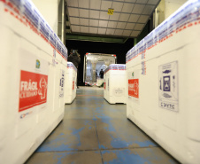 Um novo carregamento com 368.050 doses de vacinas contra a Covid-19 chega  no Centro de Medicamentos do Paraná (Cemepar), em Curitiba, na noite desta quinta-feira (15).  São 142.800 doses da CoronaVac/Butantan e 225.250 doses da vacina de Oxford/AstraZeneca/Fiocruz.Foto: Geraldo Bubniak/AEN