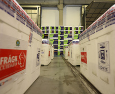 Um novo carregamento com 368.050 doses de vacinas contra a Covid-19 chega  no Centro de Medicamentos do Paraná (Cemepar), em Curitiba, na noite desta quinta-feira (15).  São 142.800 doses da CoronaVac/Butantan e 225.250 doses da vacina de Oxford/AstraZeneca/Fiocruz.Foto: Geraldo Bubniak/AEN