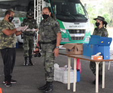 O Batalhão de Polícia Ambiental-Força Verde (BPAmb-FV) arrecadou 5.585 toneladas de alimentos, 1.647 toneladas de ração e 221 litros de álcool em todo o estado durante dois dias de campanha solidária em comemoração aos 64 anos de atuação no Paraná.  -  Curitiba, 20/04/2021 -  Foto: Divulgação BPAmb-FV