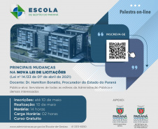 Alinhada com as recentes mudanças legislativas na Administração Pública, a Escola de Gestão do Paraná, em parceria com a Procuradoria Geral do Estado, promove a palestra “Principais Mudanças na nova Lei de Licitações”, sobre a Lei nº 14.133, de 01º de abril de 2021. - Foto/Arte: Escola de Gestão