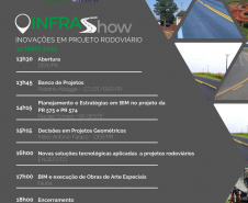 O Departamento de Estradas de Rodagem do Paraná (DER/PR) realiza na quarta-feira que vem (12) uma nova edição do Infrashow, uma série de palestras transmitidas pela internet sobre temas ligados à infraestrutura rodoviária.  -  Foto/Arte: DER