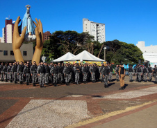 Equipes policiais do Batalhão de Operações Especiais (Bope), treinadas para dar suporte às unidades de área da PM nas ocorrências de maior periculosidade, estão na região de Cascavel nesta semana. A Operação Pronta Resposta IV foi lançada nesta terça-feira (18), no centro da cidade, com a participação do subcomandante-geral da PM, coronel Rui Noé Barroso Torres. - -  Cascavel, 18/05/2021  -  Foto: PMPR/SESP-PR