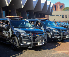 Equipes policiais do Batalhão de Operações Especiais (Bope), treinadas para dar suporte às unidades de área da PM nas ocorrências de maior periculosidade, estão na região de Cascavel nesta semana. A Operação Pronta Resposta IV foi lançada nesta terça-feira (18), no centro da cidade, com a participação do subcomandante-geral da PM, coronel Rui Noé Barroso Torres. - -  Cascavel, 18/05/2021  -  Foto: PMPR/SESP-PR