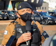 Equipes policiais do Batalhão de Operações Especiais (Bope), treinadas para dar suporte às unidades de área da PM nas ocorrências de maior periculosidade, estão na região de Cascavel nesta semana. A Operação Pronta Resposta IV foi lançada nesta terça-feira (18), no centro da cidade, com a participação do subcomandante-geral da PM, coronel Rui Noé Barroso Torres. - -  Cascavel, 18/05/2021  -  Foto: PMPR/SESP-PR