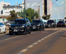 Equipes policiais do Batalhão de Operações Especiais (Bope), treinadas para dar suporte às unidades de área da PM nas ocorrências de maior periculosidade, estão na região de Cascavel nesta semana. A Operação Pronta Resposta IV foi lançada nesta terça-feira (18), no centro da cidade, com a participação do subcomandante-geral da PM, coronel Rui Noé Barroso Torres. - -  Cascavel, 18/05/2021  -  Foto: PMPR/SESP-PR