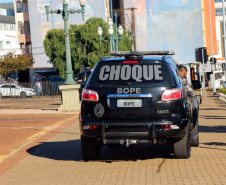 Equipes policiais do Batalhão de Operações Especiais (Bope), treinadas para dar suporte às unidades de área da PM nas ocorrências de maior periculosidade, estão na região de Cascavel nesta semana. A Operação Pronta Resposta IV foi lançada nesta terça-feira (18), no centro da cidade, com a participação do subcomandante-geral da PM, coronel Rui Noé Barroso Torres. - -  Cascavel, 18/05/2021  -  Foto: PMPR/SESP-PR