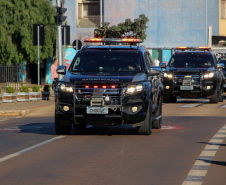 Equipes policiais do Batalhão de Operações Especiais (Bope), treinadas para dar suporte às unidades de área da PM nas ocorrências de maior periculosidade, estão na região de Cascavel nesta semana. A Operação Pronta Resposta IV foi lançada nesta terça-feira (18), no centro da cidade, com a participação do subcomandante-geral da PM, coronel Rui Noé Barroso Torres. - -  Cascavel, 18/05/2021  -  Foto: PMPR/SESP-PR