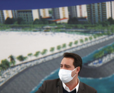 Edital de licitação da primeira fase das obras de recuperação da orla de Matinhos lançado nesta segunda-feira (21) pelo governador Carlos Massa Ratinho Junior prevê investimentos de R$ 377,85 milhões na revitalização de 6,3 quilômetros entre a Avenida Paraná e o Balneário Flórida. Foto: Jonathan Campos/AEN