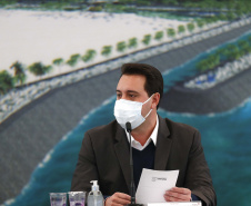 Edital de licitação da primeira fase das obras de recuperação da orla de Matinhos lançado nesta segunda-feira (21) pelo governador Carlos Massa Ratinho Junior prevê investimentos de R$ 377,85 milhões na revitalização de 6,3 quilômetros entre a Avenida Paraná e o Balneário Flórida. Foto: Jonathan Campos/AEN