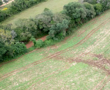Com apoio de imagens de satélite e da aeronave do Batalhão de Operações Aéreas da Polícia Militar (BPMOA), fiscais do Escritório Regional do Instituto Água e Terra (IAT) em Ponta Grossa, nos Campos Gerais, identificaram atividades irregulares em Área de Preservação Permanente (APP) em uma propriedade rural. -  Foto: IAT
