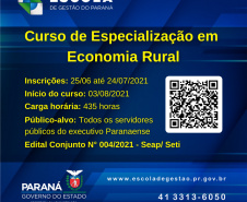 A Escola de Gestão do Paraná (EGP) está com inscrições abertas para o preenchimento
de 200 (duzentas) vagas para o curso de Pós-Graduação em Economia Rural. -  Foto/Arte: Lorival/Escola de Gestão