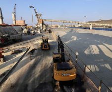 Maior produtora e exportadora de papéis para embalagens e embalagens de papel do Brasil, a Klabin iniciou as obras para a construção do seu novo terminal no cais do Porto de Paranaguá, após a assinatura da ordem para liberação dos serviços no mês de julho pela Portos do Paraná.  -  Paranaguá, 30/07/2021  -  Foto: Claudio Neves/Portos do Paraná