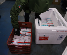 O Paraná recebeu mais 136.500 doses da AstraZeneca/Fiocruz na noite desta sexta-feira (6). Os imunizantes contra a Covid-19 chegaram no Aeroporto Internacional Afonso Pena, em São José dos Pinhais, por volta das 20 horas, complementando a 35ª pauta de distribuição do Ministério da Saúde.  -  Curitiba, 06/08/2021  - Foto: Ari Dias/AEN