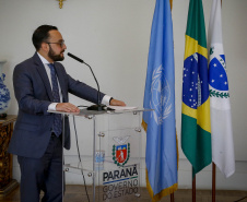 Governador Carlos Massa Ratinho Junior, durante cerimônia de posse do advogado paranaense Tracy Reinaldet, como representante brasileiro no Comitê Permanente da América Latina para a Prevenção do Crime (COPLAD), da ONU. - Curitiba, 17/08/2021 - Foto Gilson Abreu/AEN