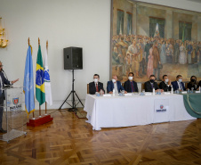 Governador Carlos Massa Ratinho Junior, durante cerimônia de posse do advogado paranaense Tracy Reinaldet, como representante brasileiro no Comitê Permanente da América Latina para a Prevenção do Crime (COPLAD), da ONU. - Curitiba, 17/08/2021 - Foto Gilson Abreu/AEN