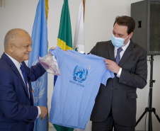 Governador Carlos Massa Ratinho Junior, durante cerimônia de posse do advogado paranaense Tracy Reinaldet, como representante brasileiro no Comitê Permanente da América Latina para a Prevenção do Crime (COPLAD), da ONU. - Curitiba, 17/08/2021 - Foto Gilson Abreu/AEN