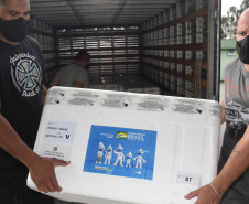 O Paraná recebeu no início da tarde deste sábado (18) mais 363.800 vacinas contra a Covid-19 da CoronaVac. A Secretaria de Estado da Saúde confirmou a chegada ao Estado de duas remessas, que desembarcaram no aeroporto Afonso Pena, em São José dos Pinhais, às 12h55, no voo LA 3443, e às 13h55, no voo AD 4830. -  Curitiba, 18/09/2021  -  Foto: Américo Antonio/SESA