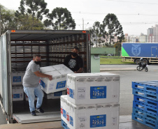 O Paraná recebeu no início da tarde deste sábado (18) mais 363.800 vacinas contra a Covid-19 da CoronaVac. A Secretaria de Estado da Saúde confirmou a chegada ao Estado de duas remessas, que desembarcaram no aeroporto Afonso Pena, em São José dos Pinhais, às 12h55, no voo LA 3443, e às 13h55, no voo AD 4830. -  Curitiba, 18/09/2021  -  Foto: Américo Antonio/SESA