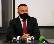 Envolvidos em tentativa de latrocínio de policial militar são localizados em operação conjunta na Capital . Na foto, coletiva de imprensa  -  Curitiba, 21 de setembro de 2021.  -  Foto: Soldado Amanda Morais