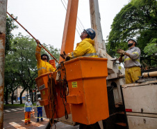 1,8 mil eletricistas estão trabalhando na manhã deste domingo (17) nos estragos provocados pelo temporal da última semana. Um total de 1,1 mil deles estão atuando nas regiões Oeste, Sudoeste e Noroeste, as mais prejudicadas pelo evento que já é considerado o segundo mais grave enfrentado na história da empresa.  -  Curitiba, 17/10/2021  -  Foto: Copel