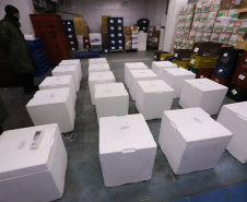 Um novo carregamento com 318.240 doses de vacinas contra a Covid-19 chega no Centro de Medicamentos do Paraná (Cemepar), em Curitiba, na noite desta terça-feira (19).   Desse total, 228.150 doses  Pfizer/BioNTech  são exclusivas para a população de 12 a 17 anos, sem comorbidades ou pertencentes a grupos prioritários.Foto: Geraldo Bubniak/AEN
