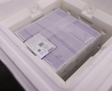 Um novo carregamento com 318.240 doses de vacinas contra a Covid-19 chega no Centro de Medicamentos do Paraná (Cemepar), em Curitiba, na noite desta terça-feira (19).   Desse total, 228.150 doses  Pfizer/BioNTech  são exclusivas para a população de 12 a 17 anos, sem comorbidades ou pertencentes a grupos prioritários.Foto: Geraldo Bubniak/AEN