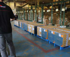 Um novo carregamento  555.750 imunizantes da Pfizer/BioNTech   contra a Covid-19 chegam no Centro de Medicamentos do Paraná (Cemepar), em Curitiba, na nesta sexta-feira (22).  Foto: Geraldo Bubniak/AEN