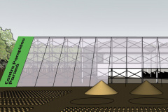 Projeto inicial do pavilhão que está sendo montado no espaço que vai receber o Centre Pompidou Paraná