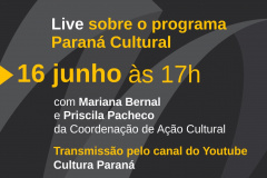 A Coordenação de Ação Social (CAC) da Superintendência-Geral da Cultura promove na quarta-feira (16), a partir das 17 horas, uma live sobre o programa de fomento Paraná Cultural. Estarão ao vivo no canal do YouTube Cultura Paraná Mariana Bernal e Priscila Pacheco, respectivamente coordenadora e técnica da CAC. A transmissão terá a abertura da superintendente-geral da Cultura, Luciana Casagrande Pereira.  -  Foto: Rita de Cassia Solieri Brandt Braga