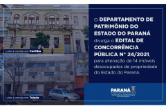 A Secretaria da Administração e da Previdência (Seap), por meio de seu Departamento de Patrimônio do Estado (DPE), abriu o Edital de Concorrência Pública nº 24/2021, do tipo maior oferta, para alienação de imóveis desocupados de propriedade do Estado do Paraná. No total, são 14 imóveis localizados em Curitiba, Cascavel, Maringá, Toledo, Cornélio Procópio, Rio Negro, Guaratuba, Realeza, Rolândia, Campo Mourão e Guaraqueçaba.  -  Curitiba, 17/06/2021  -  Foto/Arte: SEAP