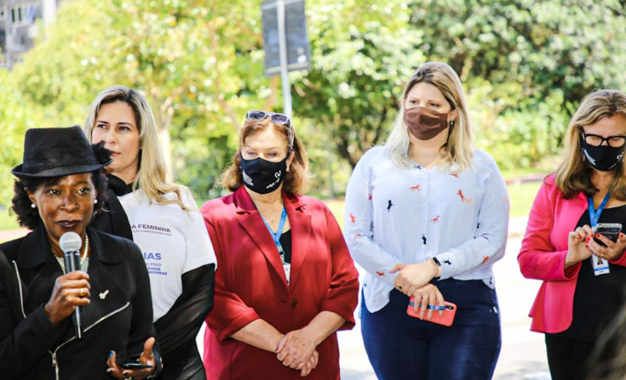 Diversas entidades da sociedade civil e várias secretarias do governo, estiveram reunidas hoje pela manhã em frente ao Palácio das Araucárias uma manifestação para celebrar o Dia Internacional de Não Violência Contra a Mulher. Foto: SEJUF