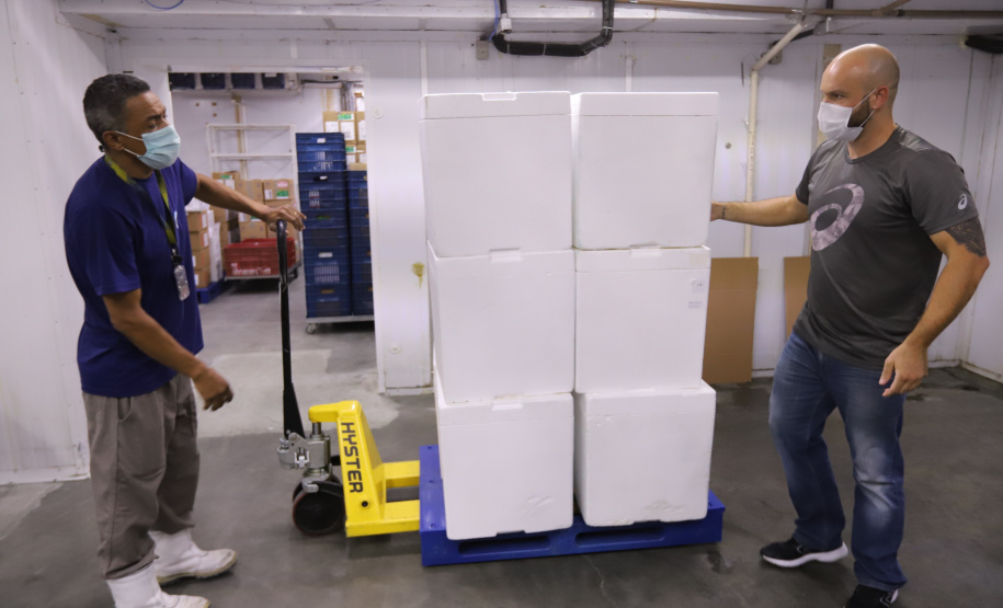 O Paraná recebe 735,9 mil vacinas contra Covid-19 nesta terça-feira (18), o novo lote para dose de reforço está no Centro de Medicamentos do Paraná (Cemepar), em Curitiba. Foto: Geraldo Bubniak/AEN