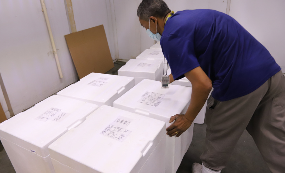 O Paraná recebe 735,9 mil vacinas contra Covid-19 nesta terça-feira (18), o novo lote para dose de reforço está no Centro de Medicamentos do Paraná (Cemepar), em Curitiba. Foto: Geraldo Bubniak/AEN