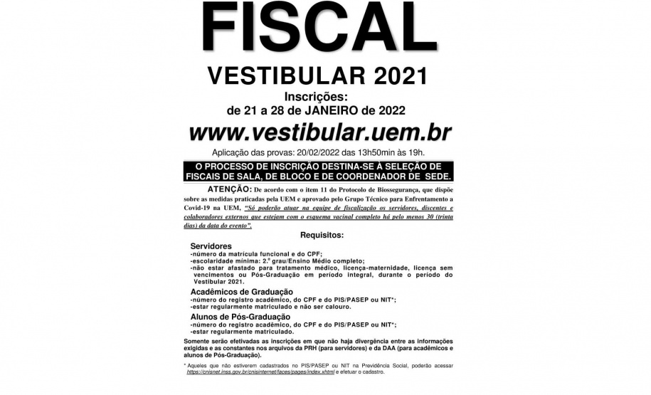 De 21 a 28 de janeiro inscrições abertas para fiscais do Vestibular 2021